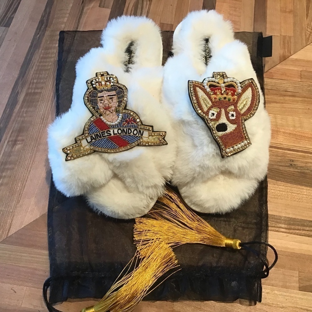 Queen and her corgi Laines London slippers
